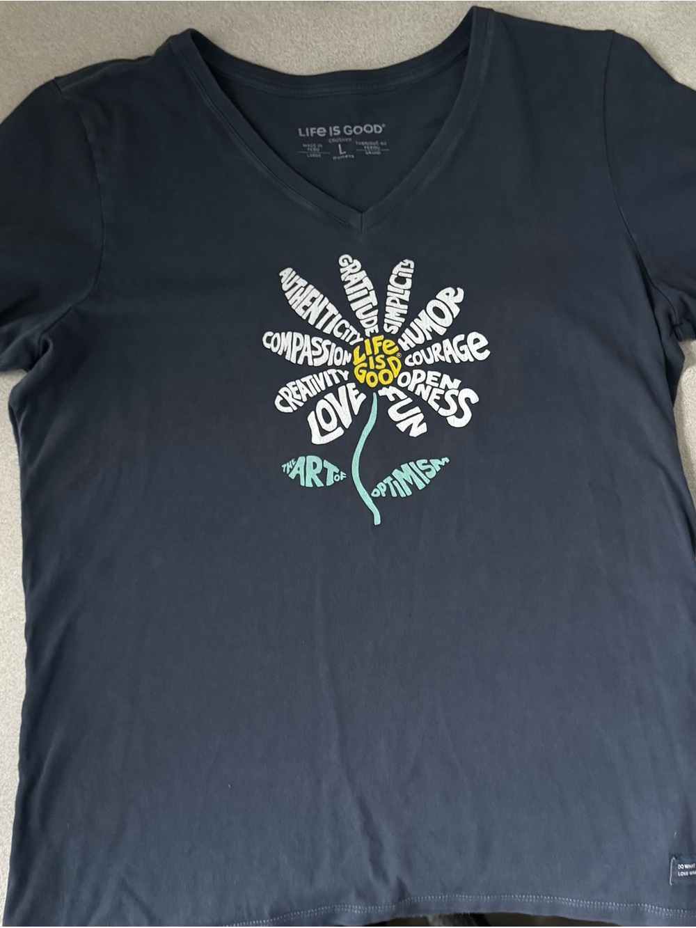 Life Is Good Navy Cotton V-Neck Tee with White Tag Print, Large - Picture 3 of 4